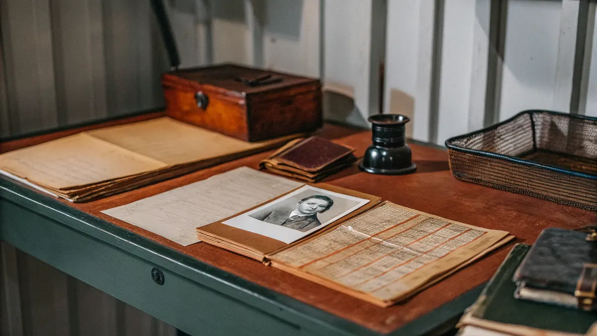 Vintage census forms and population records spread on a desk showing family migration data