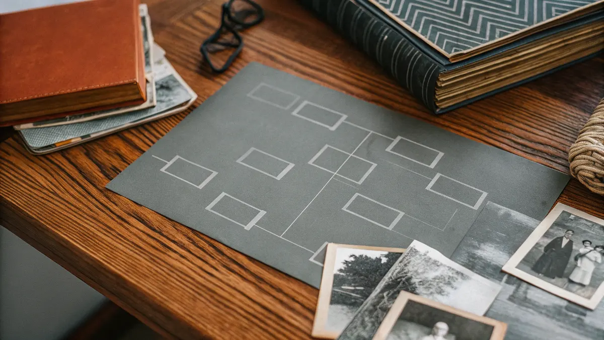 Family tree chart surrounded by vintage photographs, letters, and historical documents on a wooden table